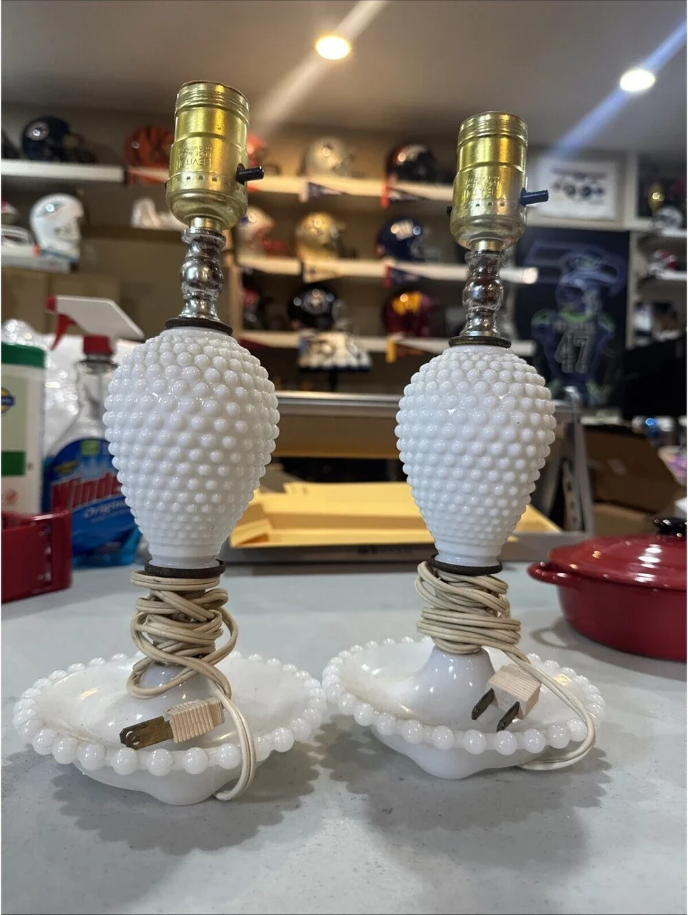 Vtg Pair of Fenton-style Hobnail Milk Glass Boudoir Lamps. [COPY]